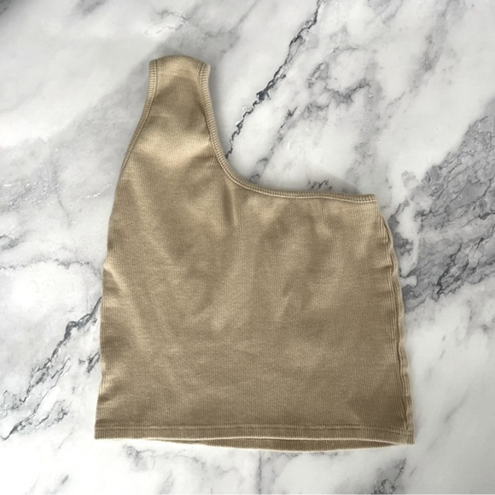 Beige One Shoulder Rib-knit Crop Top‎